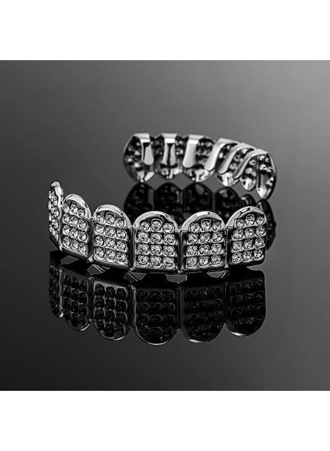 أسنان علوية وسفلية مطلية بالفضة، أغطية أسنان فضية، أطقم أسنان مزينة بالألماس على طراز الهيب هوب، أغطية أسنان علوية وسفلية للرجال والنساء، إكسسوارات أزياء مغني الراب (فضية) - Image 3